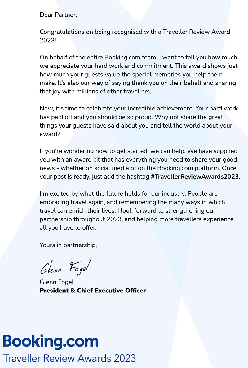 Booking.com Traveller Review Award for 2023 Booking.com Traveller Review Award for 2023